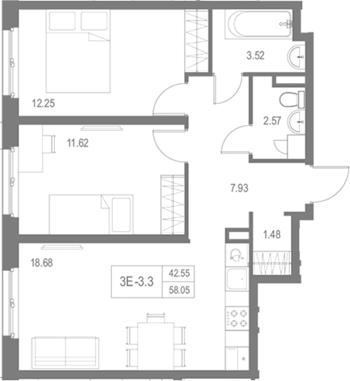 2-комнатная квартира 58.05 м², 7/17 эт., Комплекс апартаментов «Zoom на Неве»